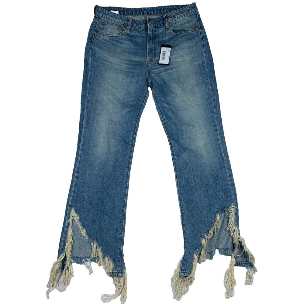 R13 Kick Fit Jeans 31 Womens Made In Italy Blue Distressed Frayed Hem Light Wash
